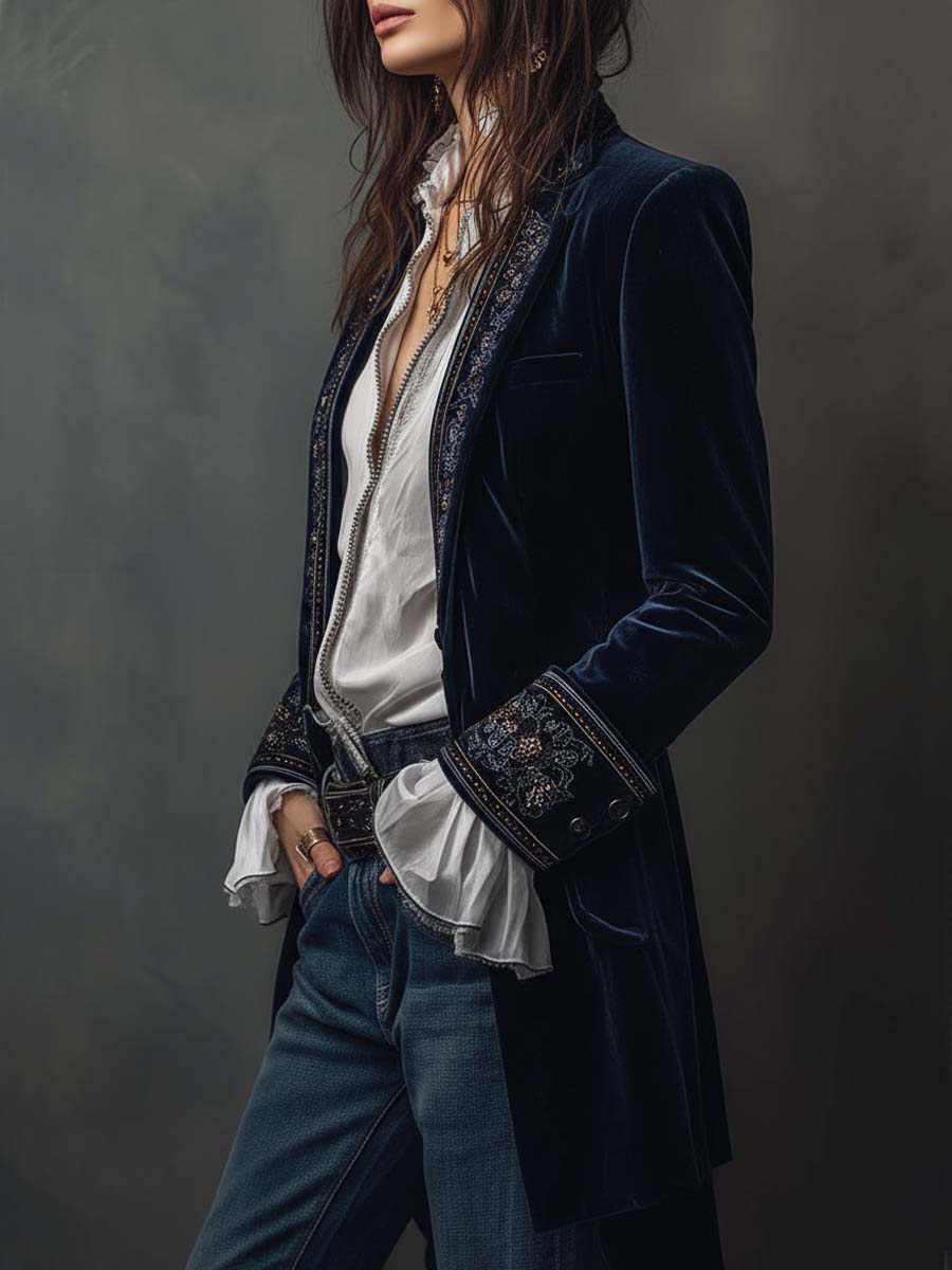 Marguerite | Vintage Navy Embroidered Longline Jacket