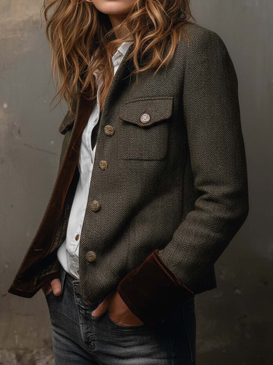 Rosalie | Vintage Herringbone Contrast-Trim Blazer