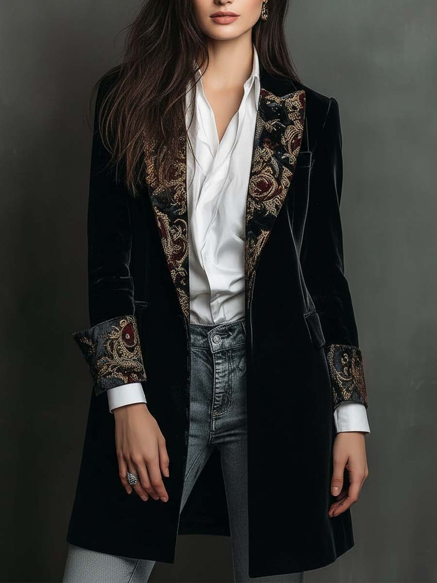 Isolde | Black Baroque Print Slim-Fit Blazer
