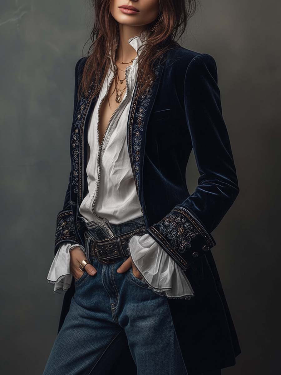 Marguerite | Vintage Navy Embroidered Longline Jacket