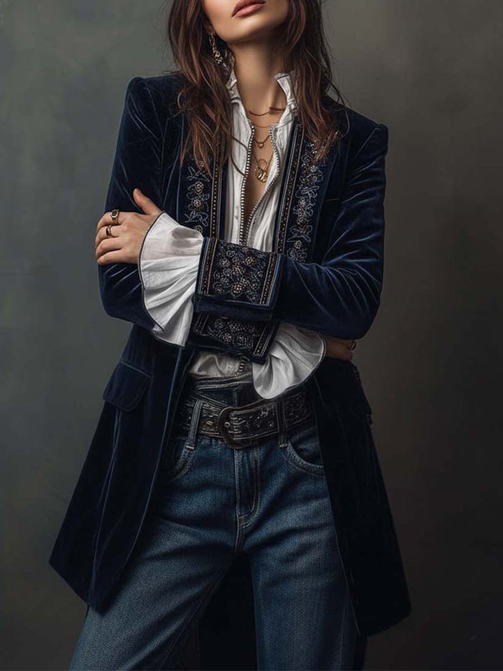 Marguerite | Vintage Navy Embroidered Longline Jacket