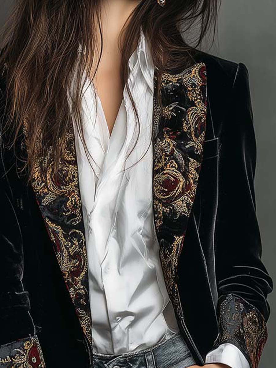 Isolde | Black Baroque Print Slim-Fit Blazer