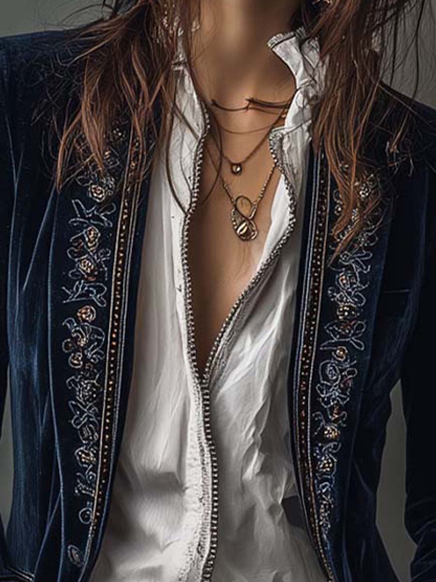Marguerite | Vintage Navy Embroidered Longline Jacket