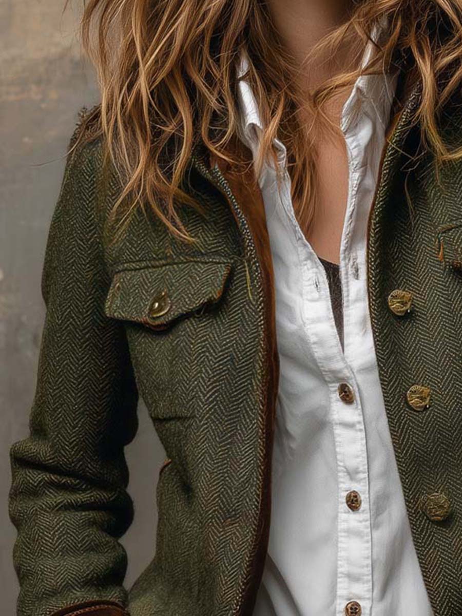 Rosalie | Vintage Herringbone Contrast-Trim Blazer