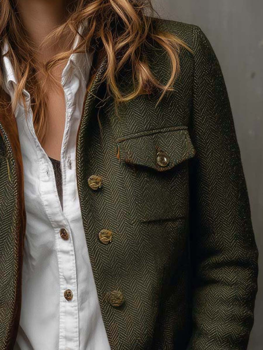 Rosalie | Vintage Herringbone Contrast-Trim Blazer