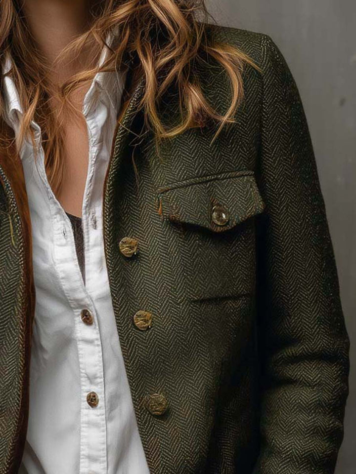 Rosalie | Vintage Herringbone Contrast-Trim Blazer