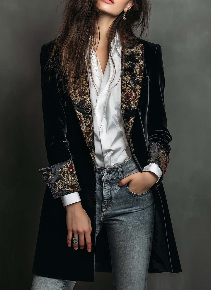 Isolde | Black Baroque Print Slim-Fit Blazer