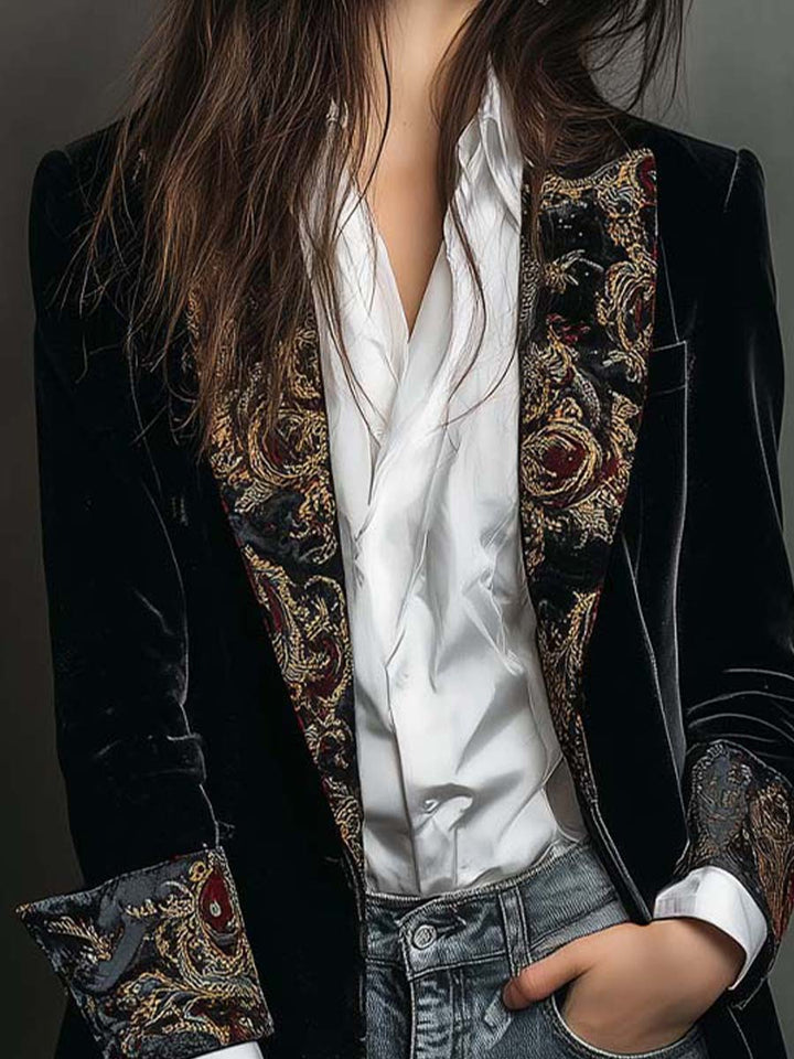 Isolde | Black Baroque Print Slim-Fit Blazer