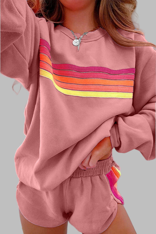 Jolene | Comfy Striped Crew Neck Top and Shorts Pajama Set