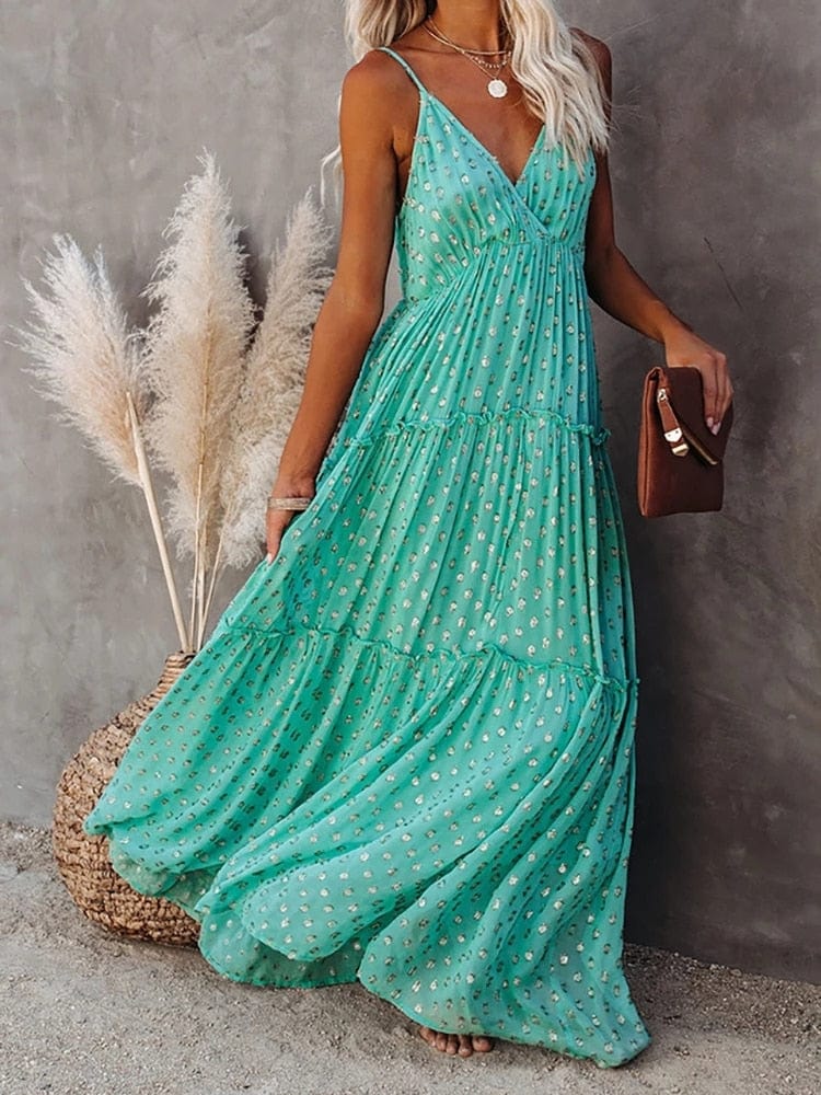 Daisy | Green V-Neck Print Maxi Dress
