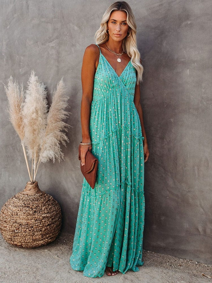Daisy | Green V-Neck Print Maxi Dress