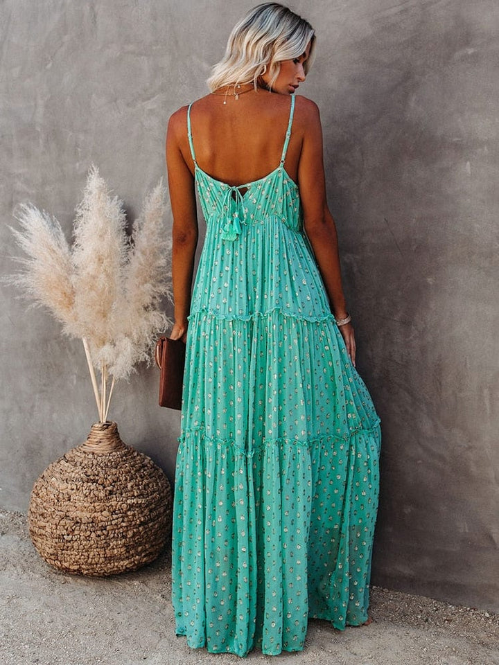 Daisy | Green V-Neck Print Maxi Dress