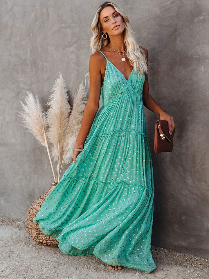 Daisy | Green V-Neck Print Maxi Dress