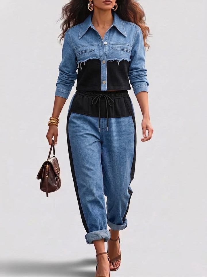 Holbrook | Colour-Block Cropped Jacket & Wide-Leg Pants Set