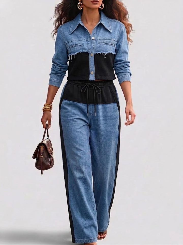 Holbrook | Colour-Block Cropped Jacket & Wide-Leg Pants Set