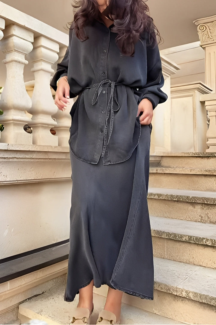 Noelle | Long-Sleeved Tie-Drawstring Shirt & Skirt Set
