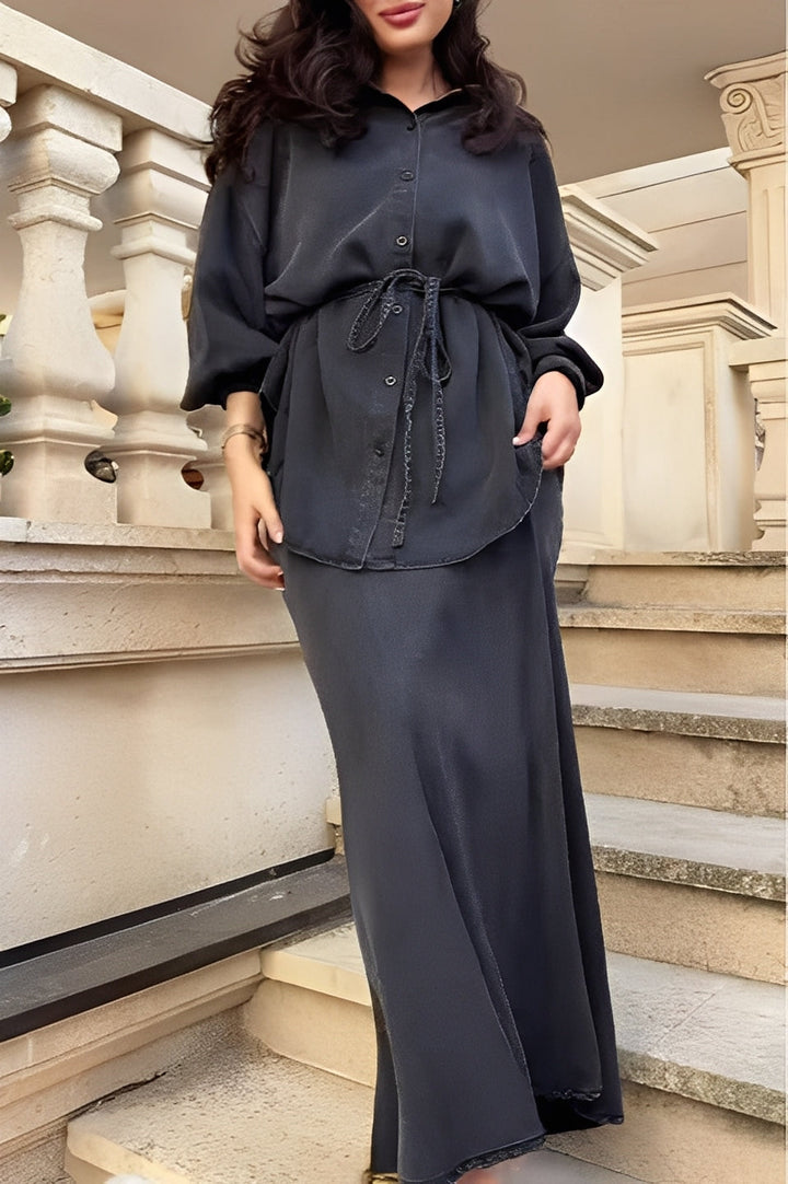 Noelle | Long-Sleeved Tie-Drawstring Shirt & Skirt Set