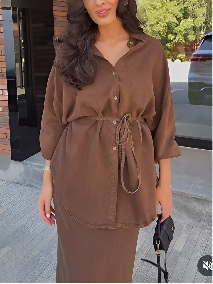 Noelle | Long-Sleeved Tie-Drawstring Shirt & Skirt Set
