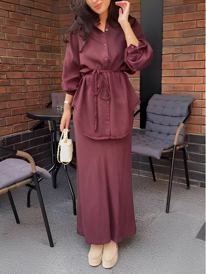 Noelle | Long-Sleeved Tie-Drawstring Shirt & Skirt Set