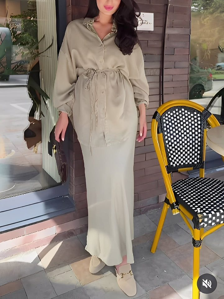 Noelle | Long-Sleeved Tie-Drawstring Shirt & Skirt Set