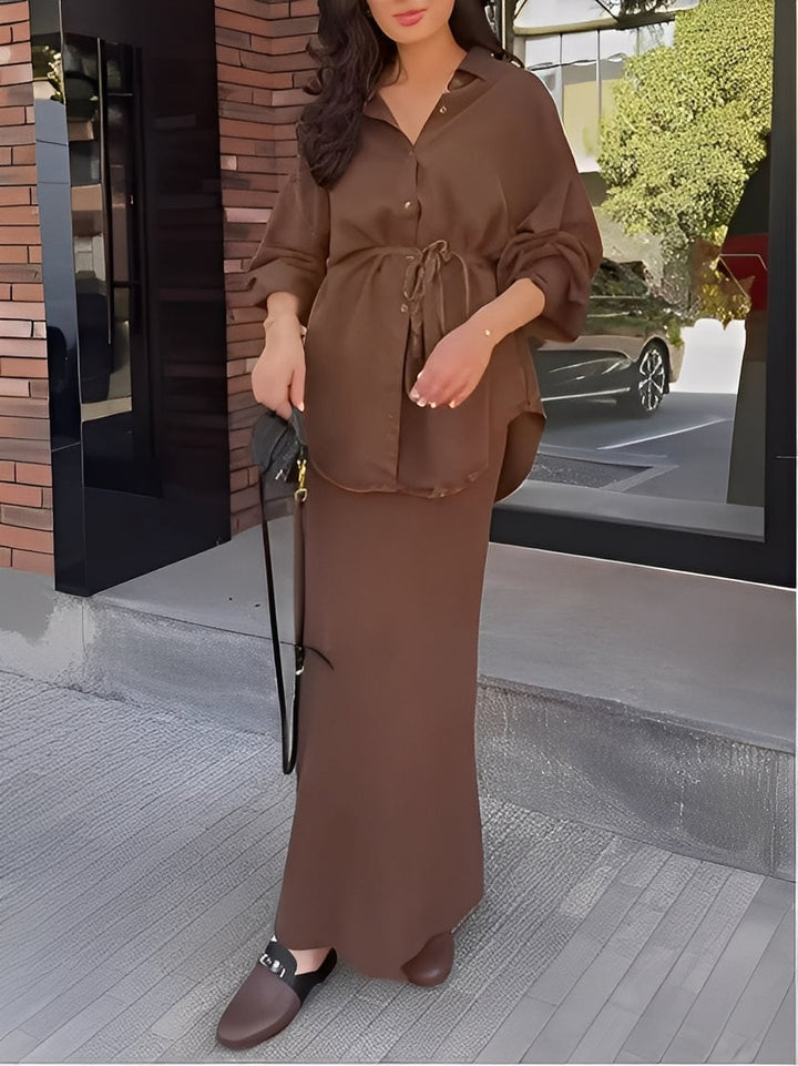 Noelle | Long-Sleeved Tie-Drawstring Shirt & Skirt Set